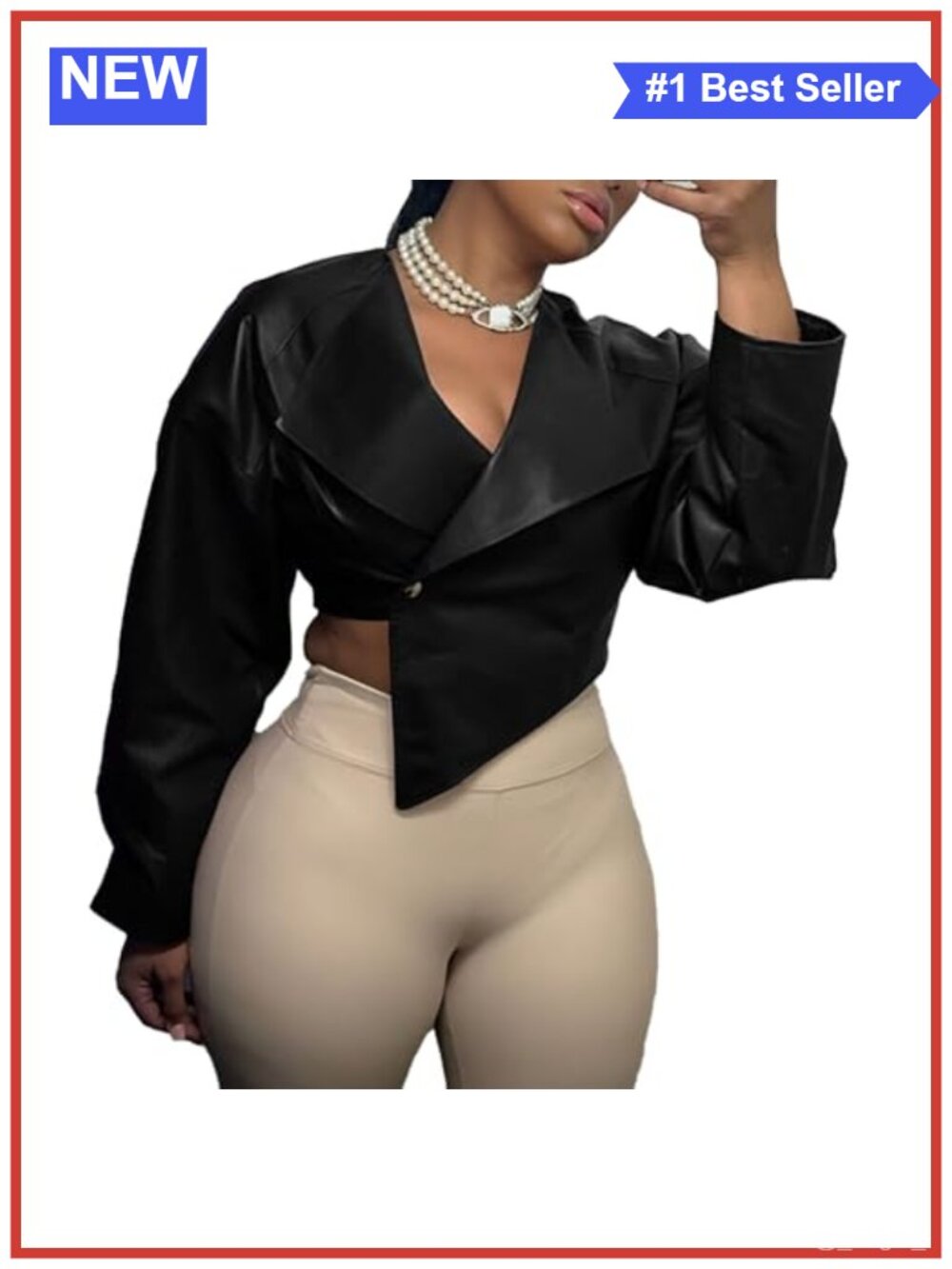 Faux Leather Crop Jacket Long Sleeve Button Down PU Coat Women